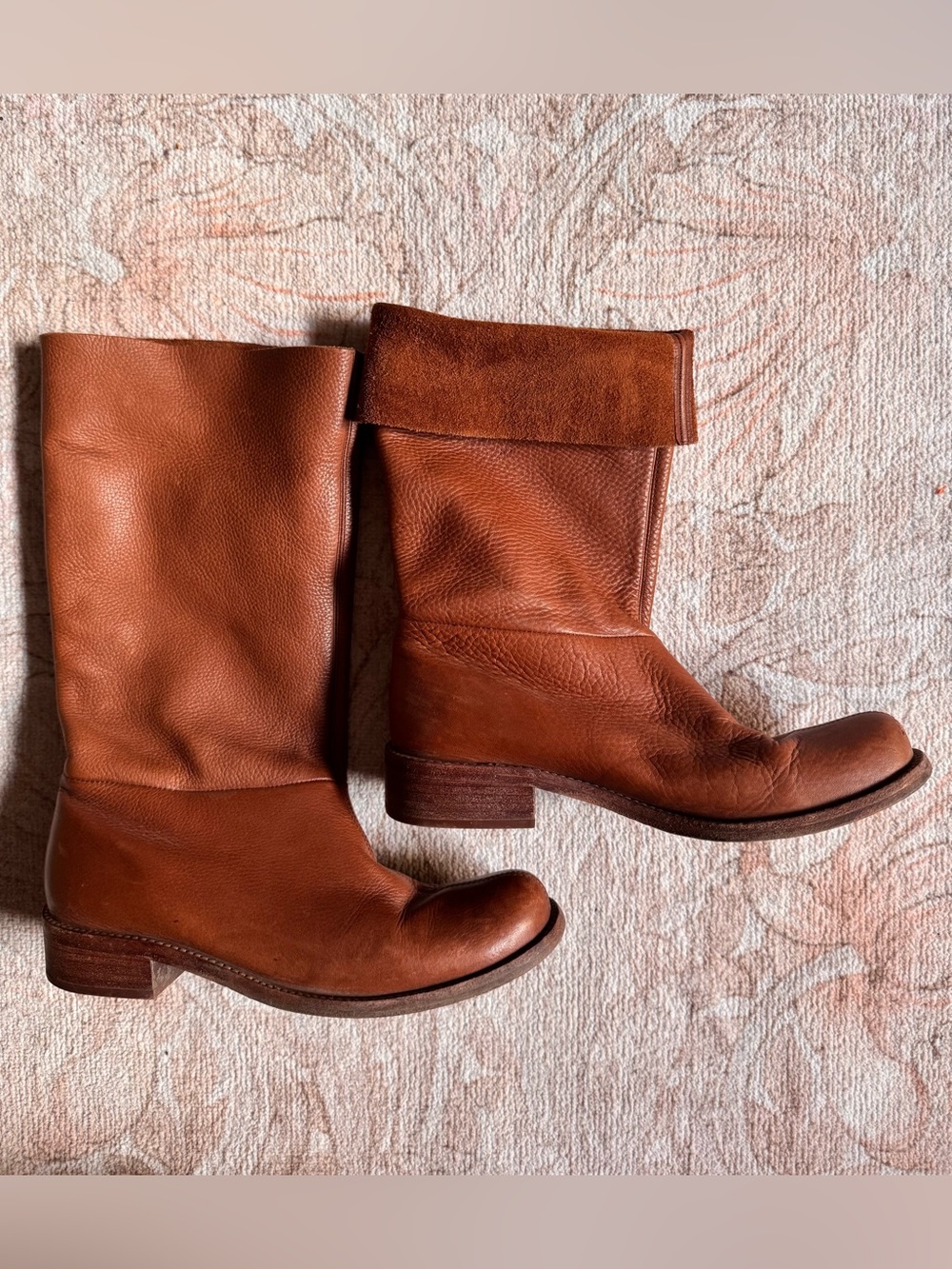 Women's Classic Brown Leather Mid-Calf Foldover Leather Boots